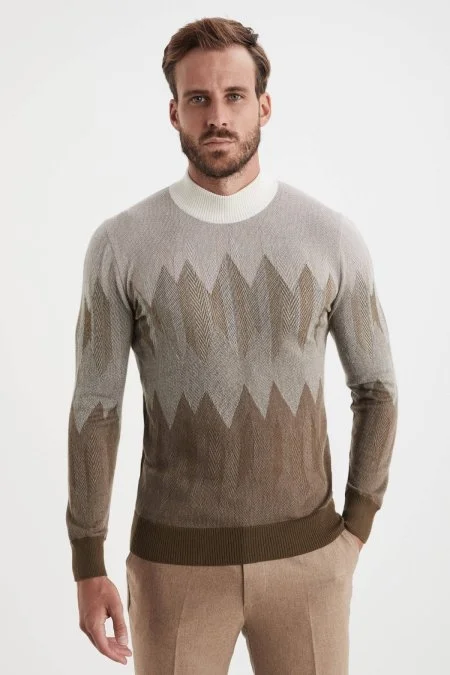 Balıkçı Yaka Desen Kaşmir Kahverengi Kazak