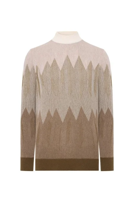 Balıkçı Yaka Desen Kaşmir Kahverengi Kazak