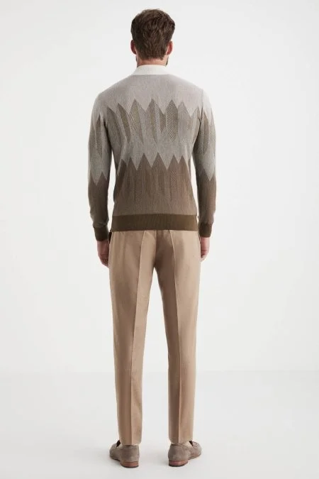 Balıkçı Yaka Desen Kaşmir Kahverengi Kazak