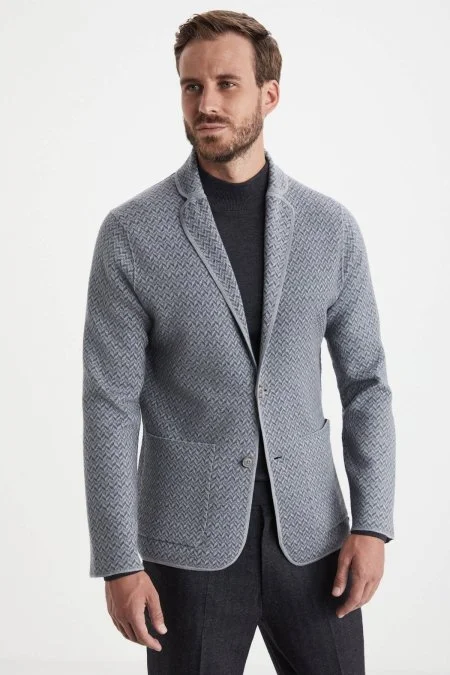 Balıksırtı Desen Çift Yönlü Açık Gri Merino Yün Triko Ceket