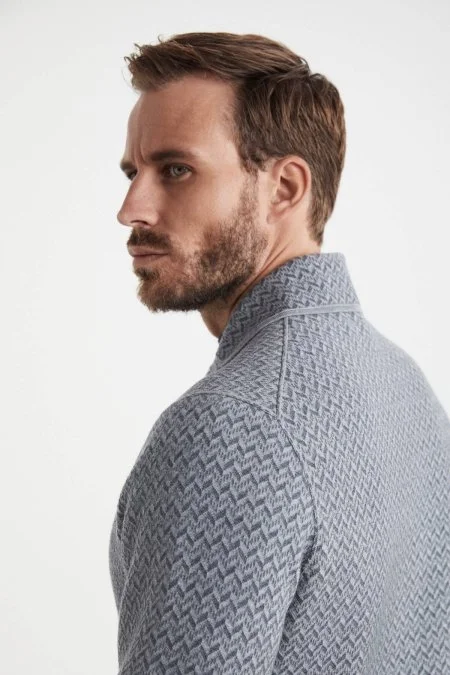 Balıksırtı Desen Çift Yönlü Açık Gri Merino Yün Triko Ceket