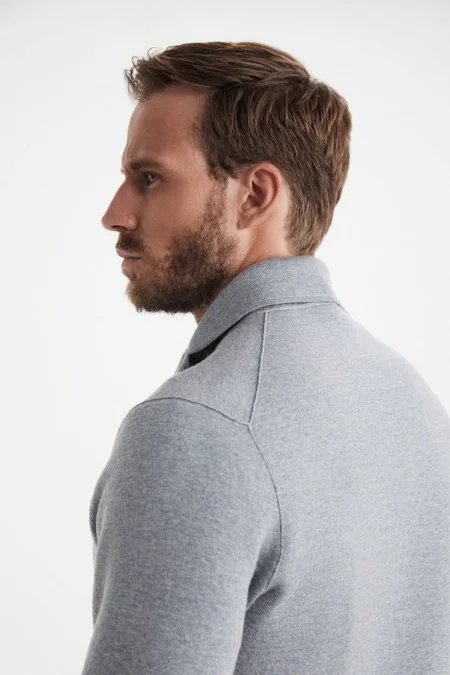 Balıksırtı Desen Çift Yönlü Açık Gri Merino Yün Triko Ceket