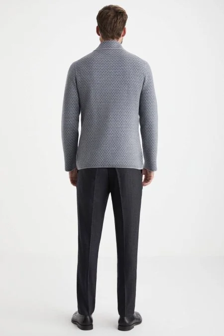 Balıksırtı Desen Çift Yönlü Açık Gri Merino Yün Triko Ceket