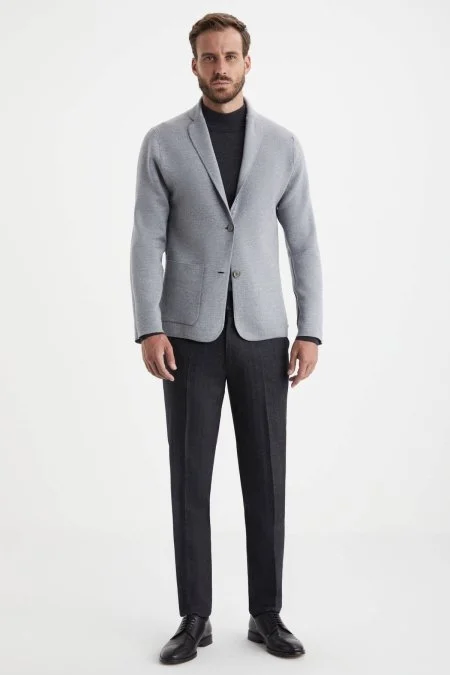 Balıksırtı Desen Çift Yönlü Açık Gri Merino Yün Triko Ceket