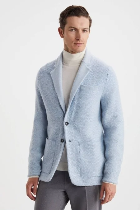 Balıksırtı Desen Saf Kaşmir Buz Mavisi Triko Ceket