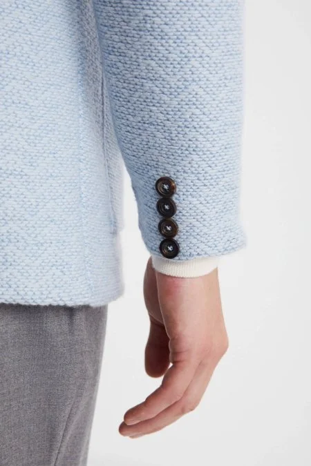 Balıksırtı Desen Saf Kaşmir Buz Mavisi Triko Ceket