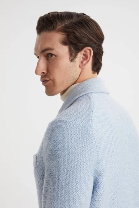 Balıksırtı Desen Saf Kaşmir Buz Mavisi Triko Ceket