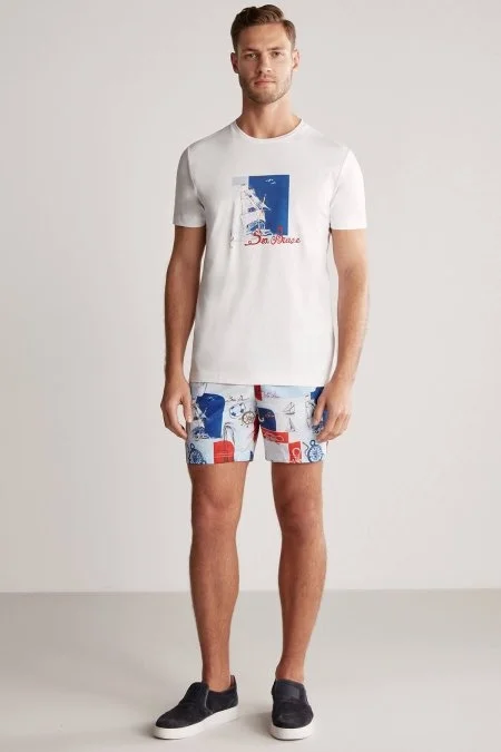 Baskılı Beyaz Pima Pamuk T-Shirt