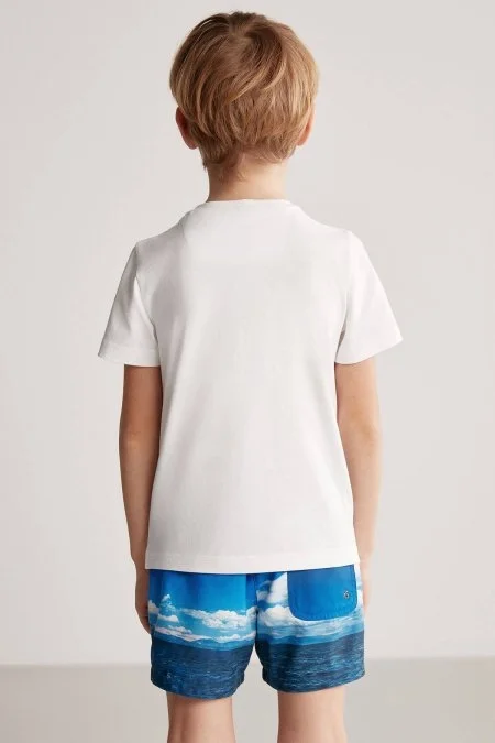 Beach Baskılı Beyaz Pima Pamuk Çocuk T-Shirt