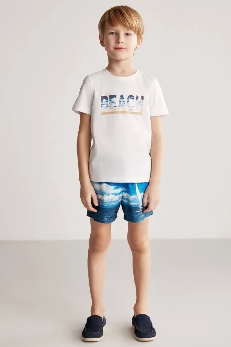 Beach Baskılı Beyaz Pima Pamuk Çocuk T-Shirt