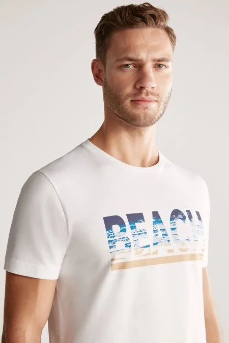 Beach Baskılı Beyaz Pima Pamuk T-Shirt