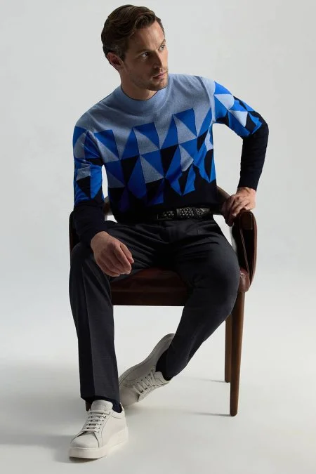 Bağcıklı Koyu Mavi Pileli Yün Chino Jogger Pantolon