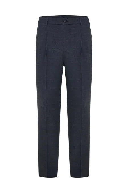 Bağcıklı Koyu Mavi Pileli Yün Chino Jogger Pantolon