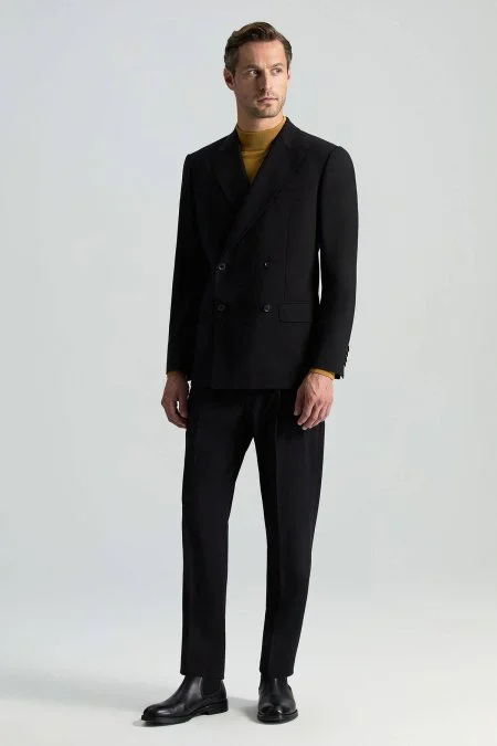 Bağcıklı Siyah Pileli Yün Chino Jogger Pantolon