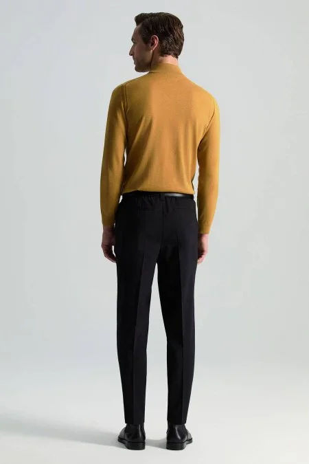 Bağcıklı Siyah Pileli Yün Chino Jogger Pantolon