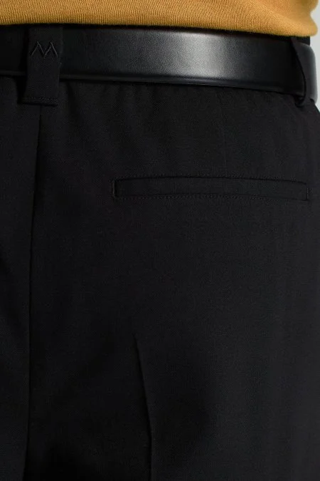 Bağcıklı Siyah Pileli Yün Chino Jogger Pantolon