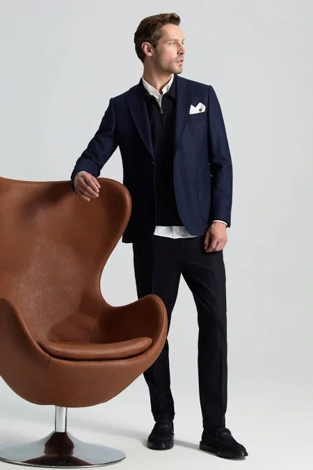 Beli Bağcıklı Lacivert Yün Chino Jogger Pantolon