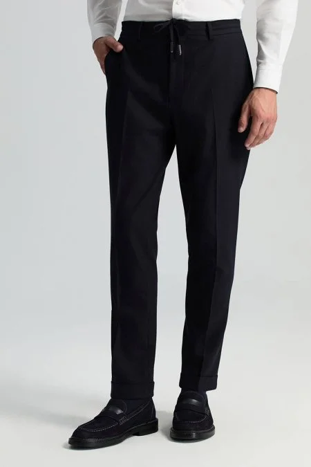 Beli Bağcıklı Lacivert Yün Chino Jogger Pantolon