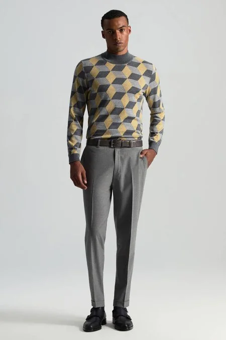 Beli Bağcıklı Orta Gri Yün Chino Jogger Pantolon