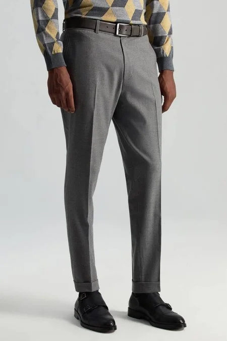 Beli Bağcıklı Orta Gri Yün Chino Jogger Pantolon