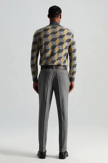 Beli Bağcıklı Orta Gri Yün Chino Jogger Pantolon