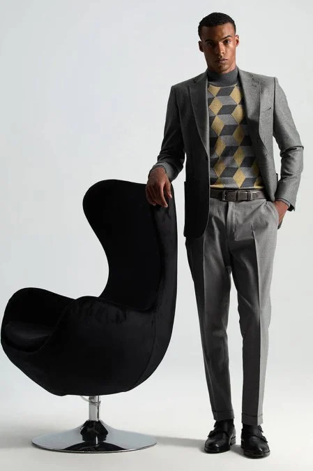 Beli Bağcıklı Orta Gri Yün Chino Jogger Pantolon