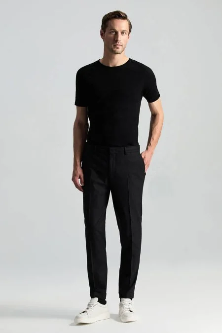 Beli Bağcıklı Siyah Yün Chino Jogger Pantolon