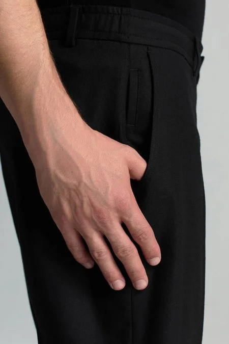 Beli Bağcıklı Siyah Yün Chino Jogger Pantolon