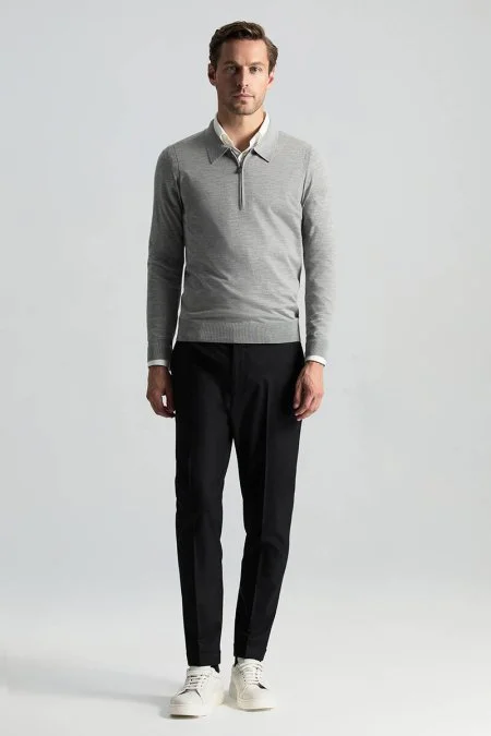 Beli Bağcıklı Siyah Yün Chino Jogger Pantolon