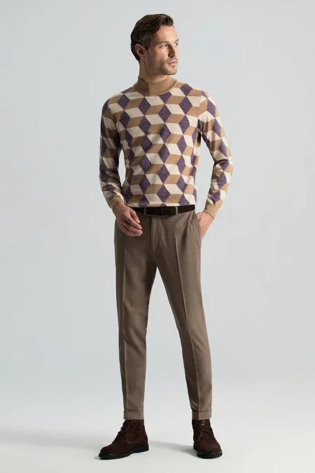 Beli Bağcıklı Tütün Rengi Yün Chino Jogger Pantolon
