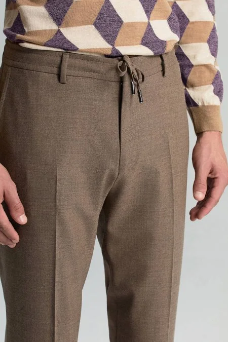 Beli Bağcıklı Tütün Rengi Yün Chino Jogger Pantolon
