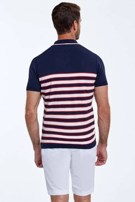 Beyaz Çizgi Desen Lacivert Triko Polo