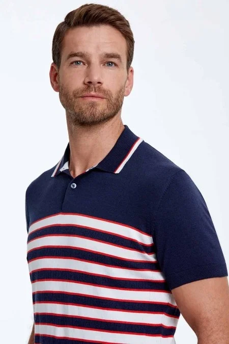 Beyaz Çizgi Desen Lacivert Triko Polo