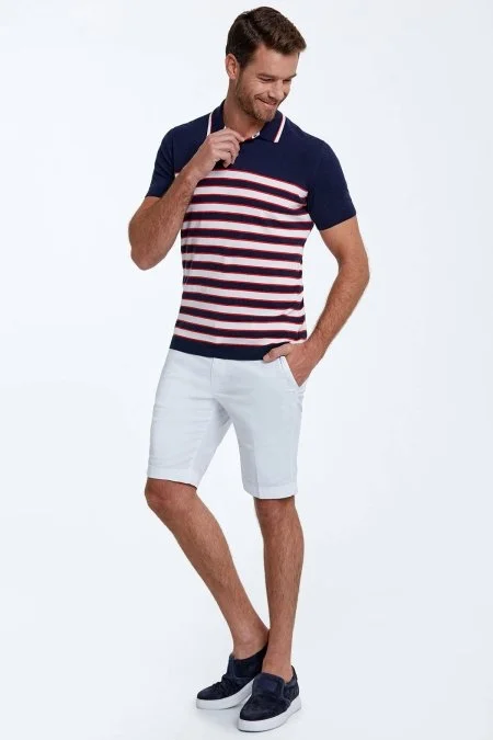 Beyaz Çizgi Desen Lacivert Triko Polo