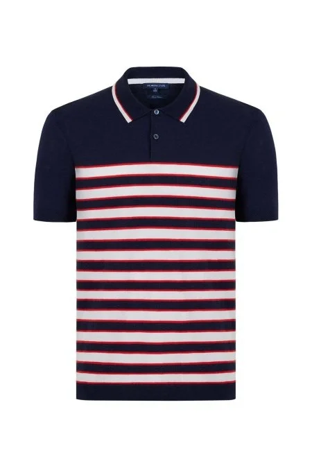 Beyaz Çizgi Desen Lacivert Triko Polo