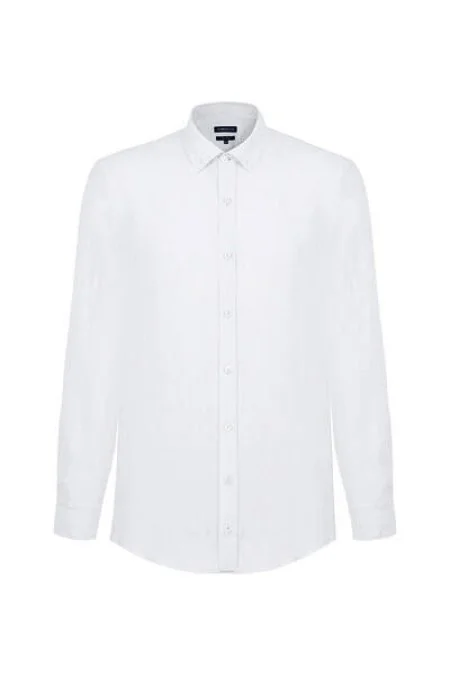 Düğmeli Yaka Saf Keten Beyaz Gömlek