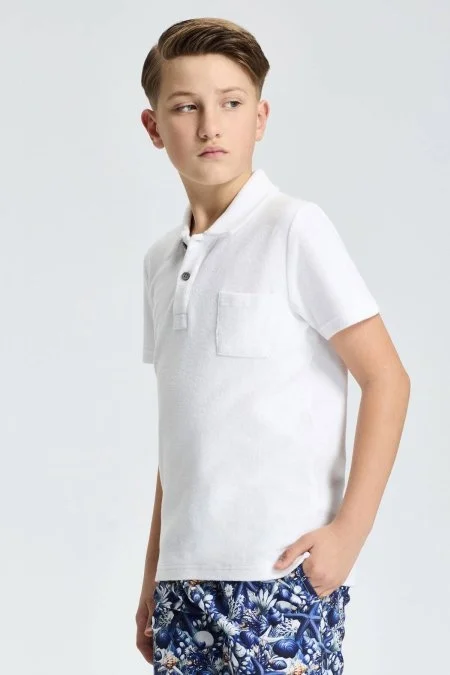 Beyaz Havlu Kumaş Polo Yaka Çocuk T-Shirt