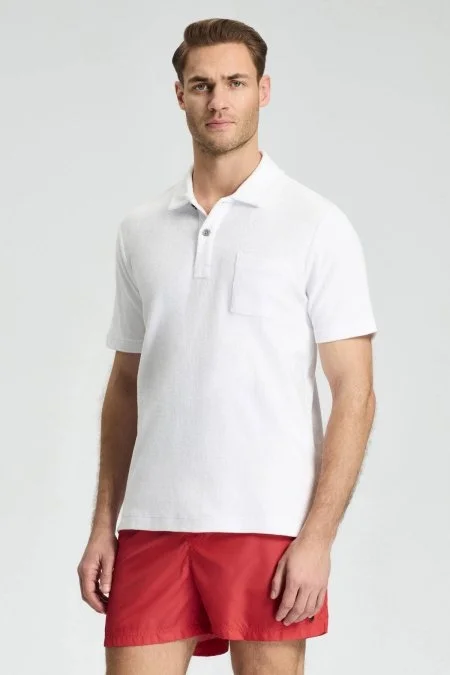 Beyaz Havlu Kumaş Polo Yaka T-Shirt