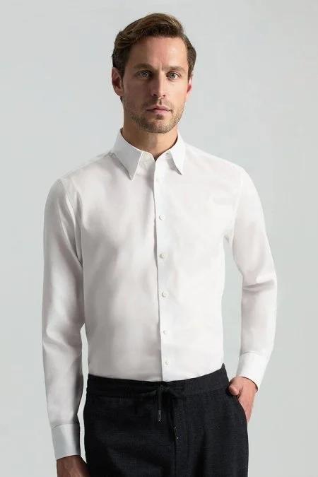 Kuş Gözü Dokulu Non-Iron Business Gizli Düğme Beyaz Gömlek