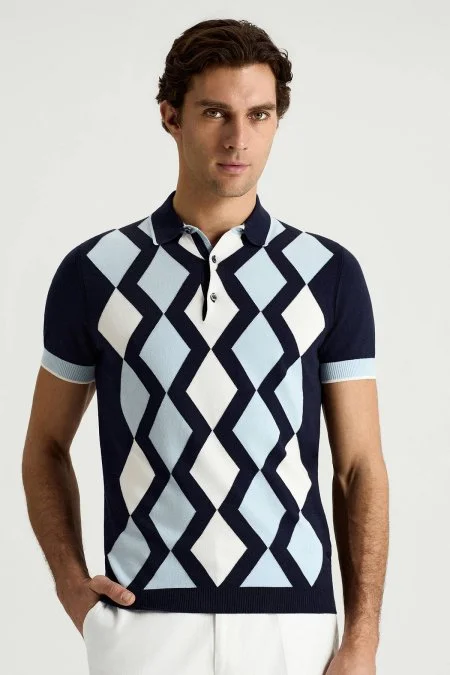 Lacivert Beyaz Argyle Desen Triko Polo