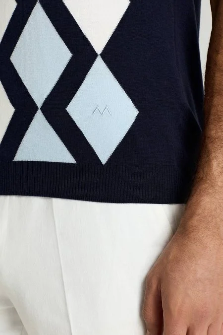 Lacivert Beyaz Argyle Desen Triko Polo