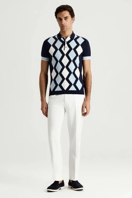 Lacivert Beyaz Argyle Desen Triko Polo