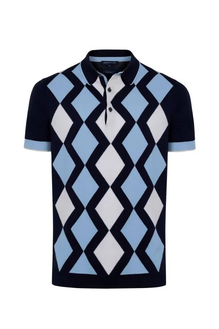 Lacivert Beyaz Argyle Desen Triko Polo