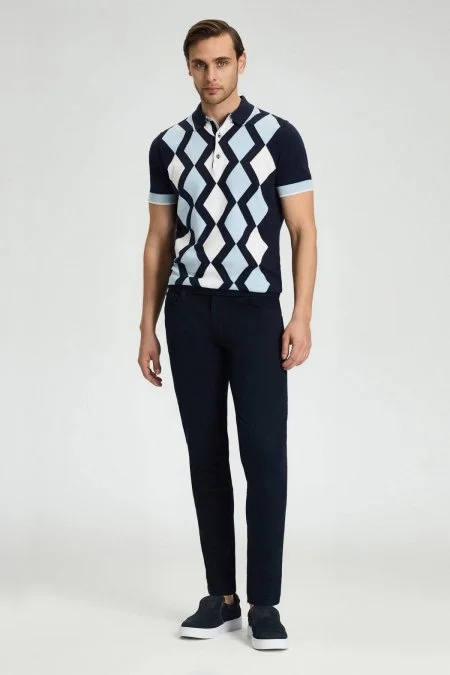 Lacivert Beyaz Baklava Desen Triko Polo