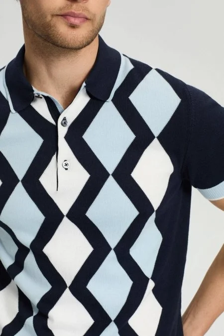 Lacivert Beyaz Baklava Desen Triko Polo