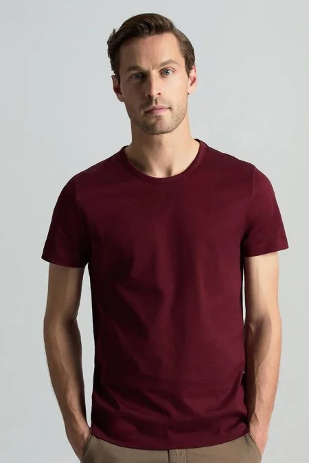 Bisiklet Yaka Bordo Basic T-Shirt