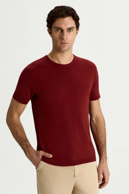 Bisiklet Yaka Bordo Giza Pamuk Triko T-Shirt