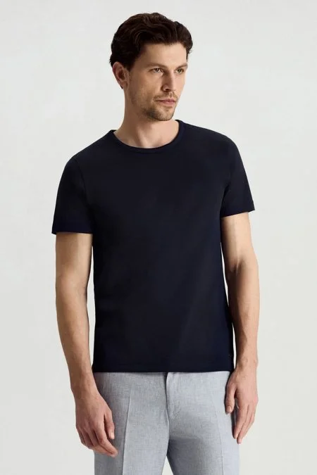 Bisiklet Yaka Lacivert Basic T-Shirt