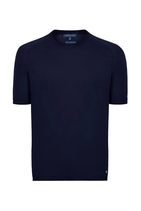 Bisiklet Yaka Lacivert Giza Pamuk Triko T-Shirt