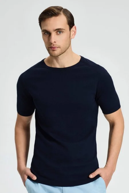 Bisiklet Yaka Lacivert Giza Pamuk Triko T-Shirt